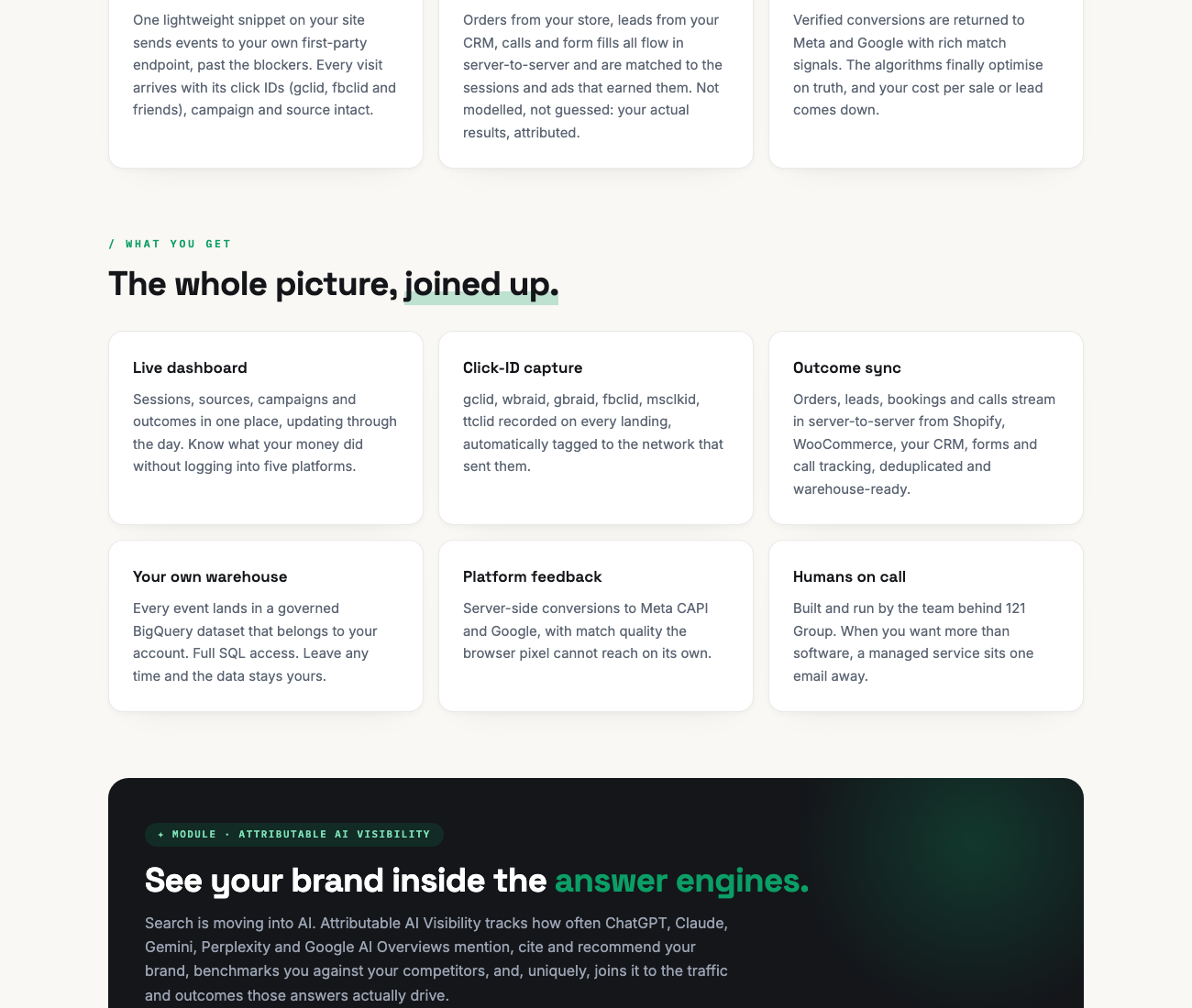 Attributable product capabilities including dashboard, click ID capture, outcome sync, warehouse and platform feedback