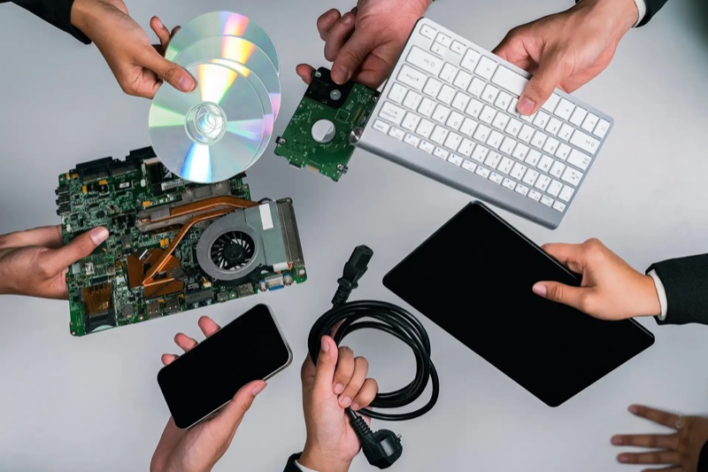 Hands holding electronic waste including circuit boards, keyboard, phone and tablet